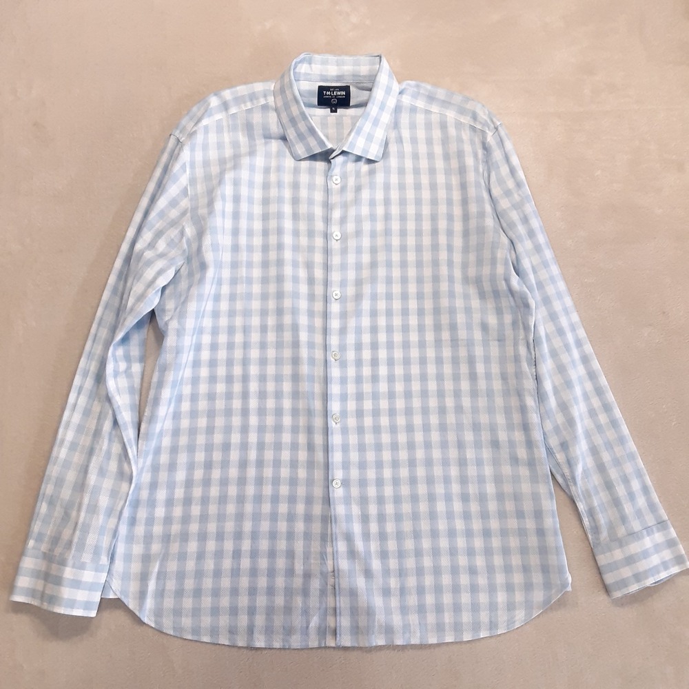 T.M. Lewin Mens Gingham Long Sleeve Button Shirt XL Light Blue Cotton
